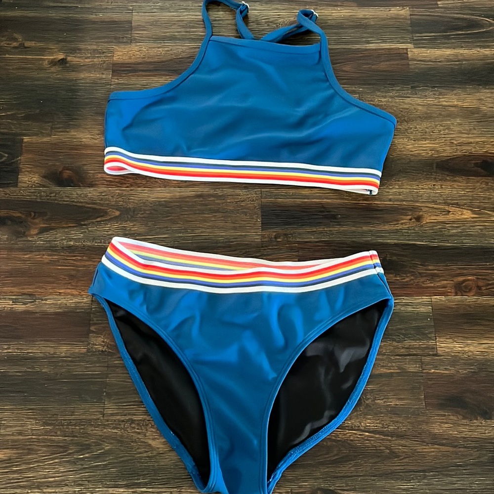 Zella Girls Blue Two-Piece Bikini with Rainbow Stripe